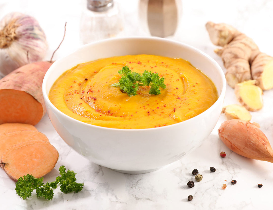 Carrot & Sweet Potato Soup with Ginger and Turmeric