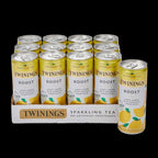 Twinings Sparkling Tea cans in a pack on a white background