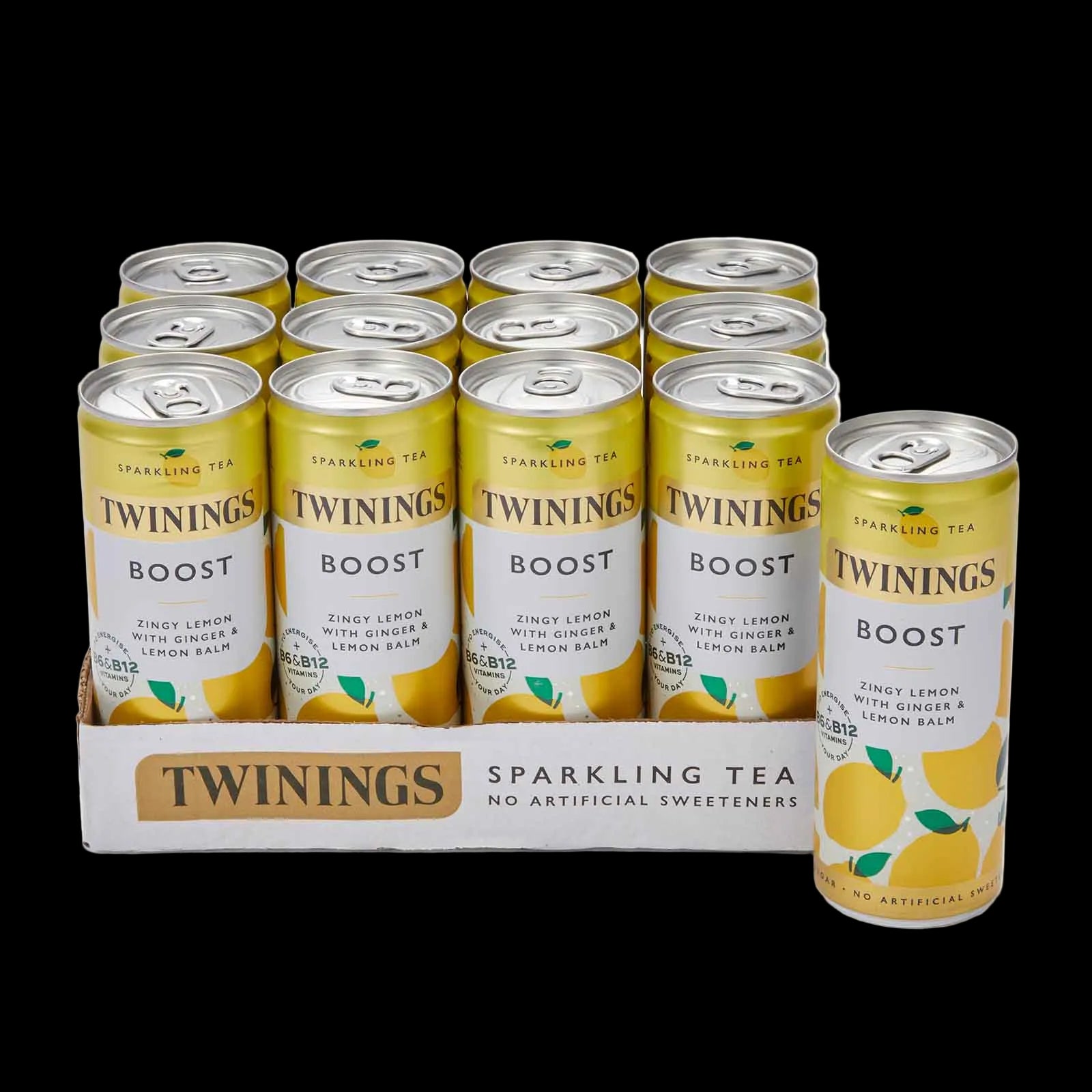Twinings Sparkling Tea cans in a pack on a white background