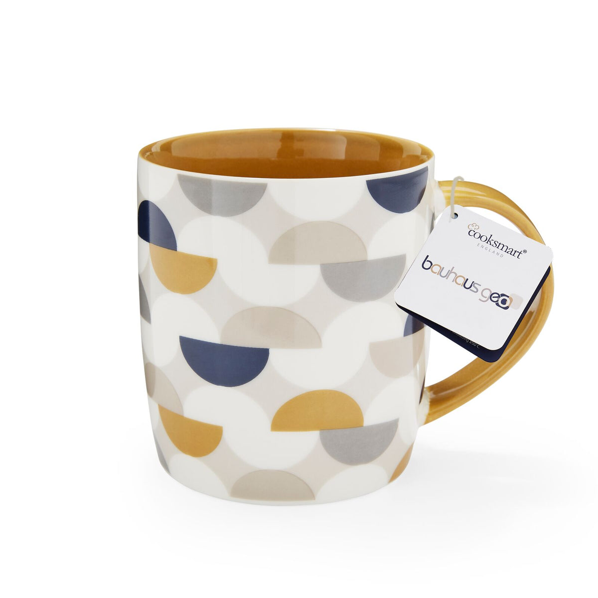 Barrel mug with geometric pattern in neutral, ochre and navy tones, with contrasting ochre handle and interior.