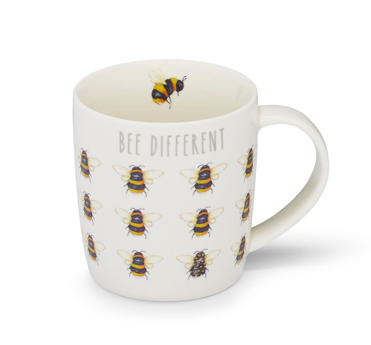 White barrel mug with all-over bee illustrations and ‘Bee Different’ slogan.