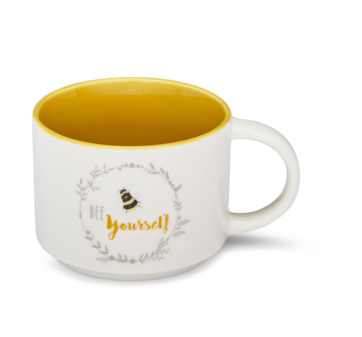 Stacking mug featuring a bumblebee illustration and ‘Bee Yourself’ lettering, with a bright yellow interior.