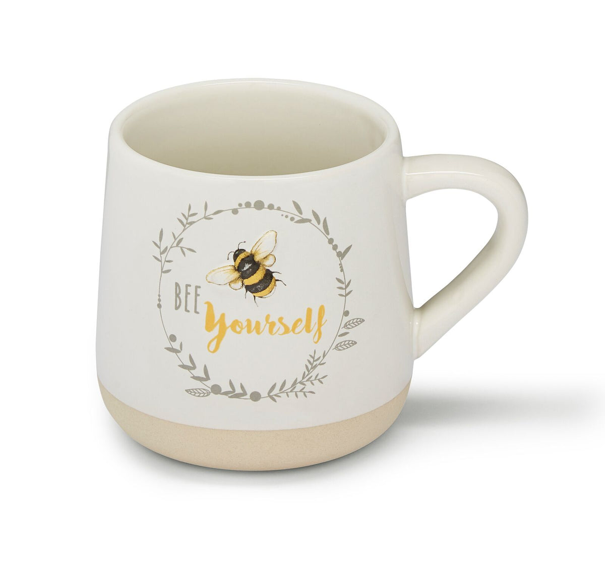 Bell mug featuring a bumblebee illustration and ‘Bee Yourself’ lettering, with a cream base. 