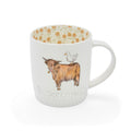 White barrel mug featuring a Highland cow with a perched duck and warm ochre floral detailing around the inner rim.