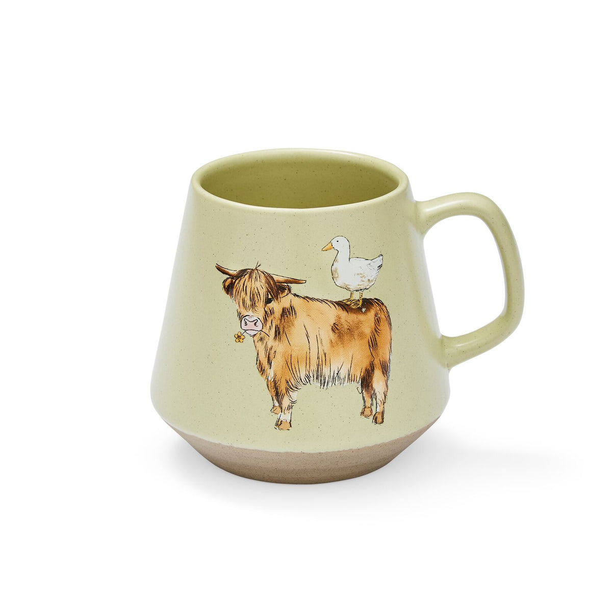 Sage-green speckled stoneware mug featuring a Highland cow with a duck on its back, and stoneware base.