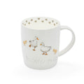 White barrel mug with ducks and ducklings illustration, embossed base detailing and cut-out heart pattern around the rim.