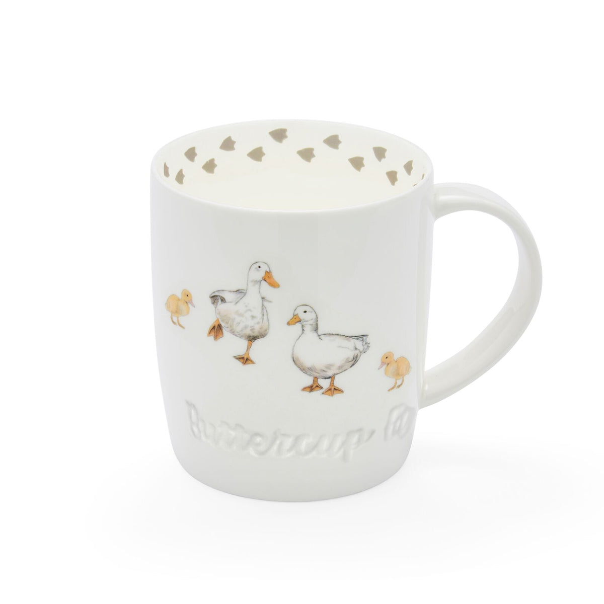 White barrel mug with ducks and ducklings illustration, embossed base detailing and cut-out heart pattern around the rim.