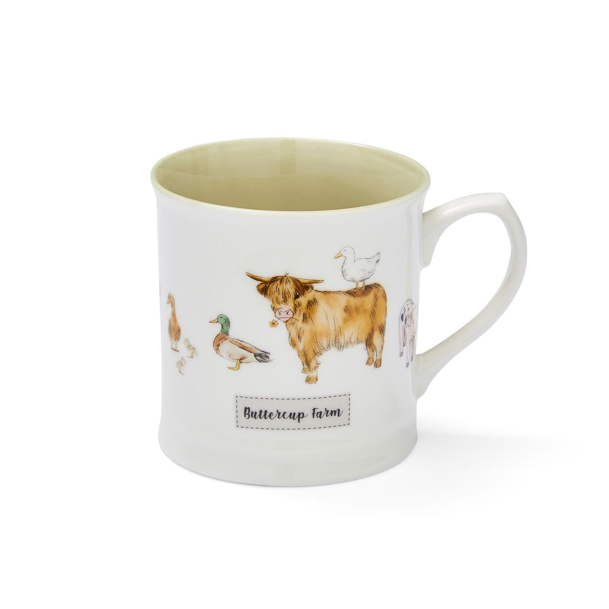 White tankard mug featuring a Highland cow, farmyard ducks and ‘Buttercup Farm’ lettering.