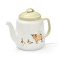 White teapot with Highland cow and duck illustrations, soft sage-green handle and matching lid.