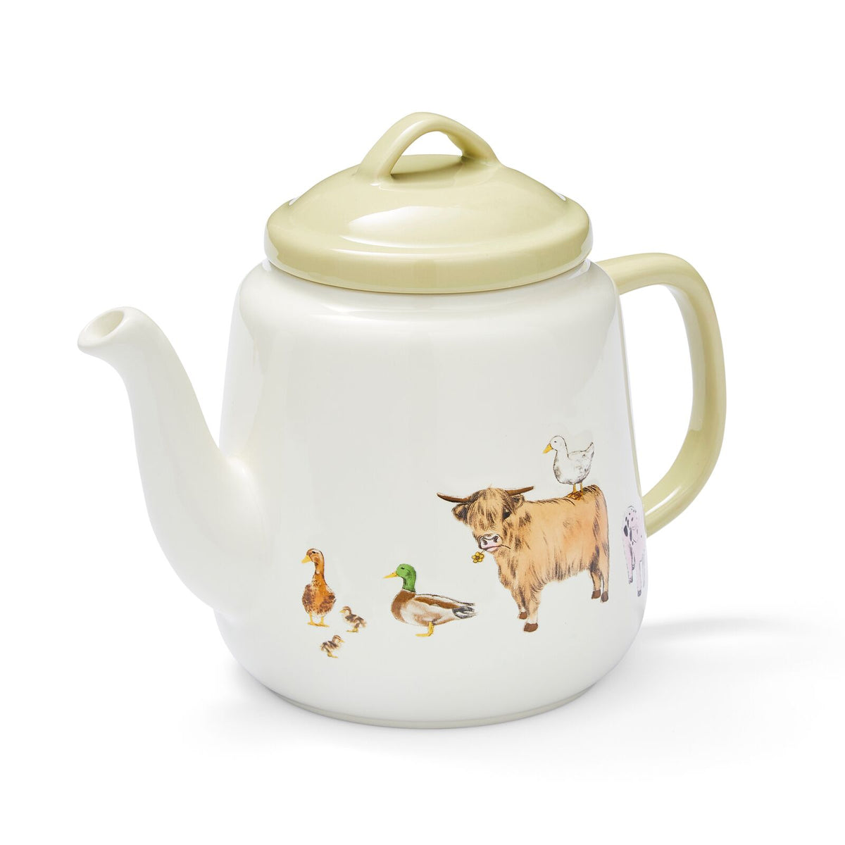 White teapot with Highland cow and duck illustrations, soft sage-green handle and matching lid.