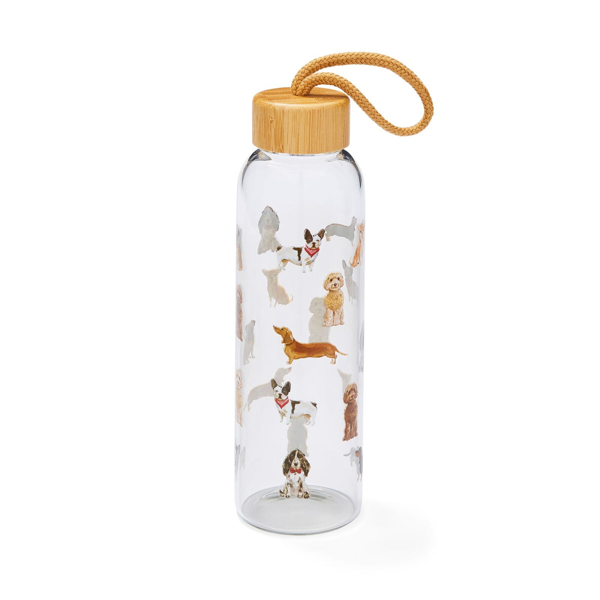 Clear glass water bottle with colourful dog illustrations, bamboo-effect screw-top lid and carry loop.