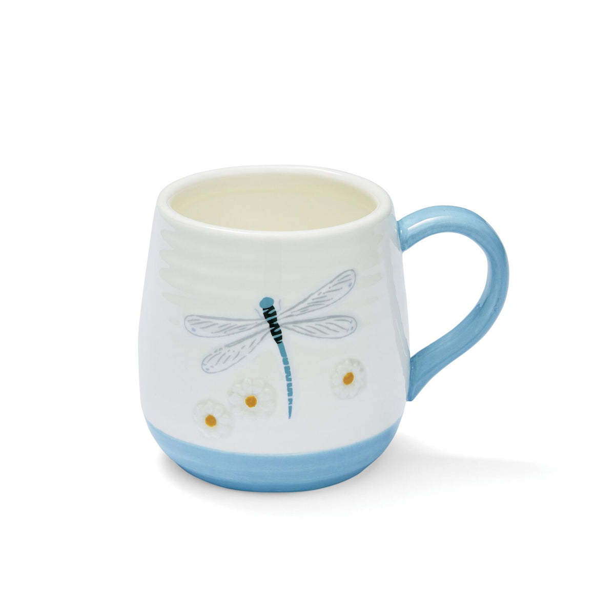 Rounded belly mug with dragonfly and floral illustrations, soft blue handle and matching base.