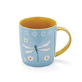 Barrel mug with dragonfly and daisy illustrations in soft blue and yellow tones, with contrasting yellow handle and interior.
