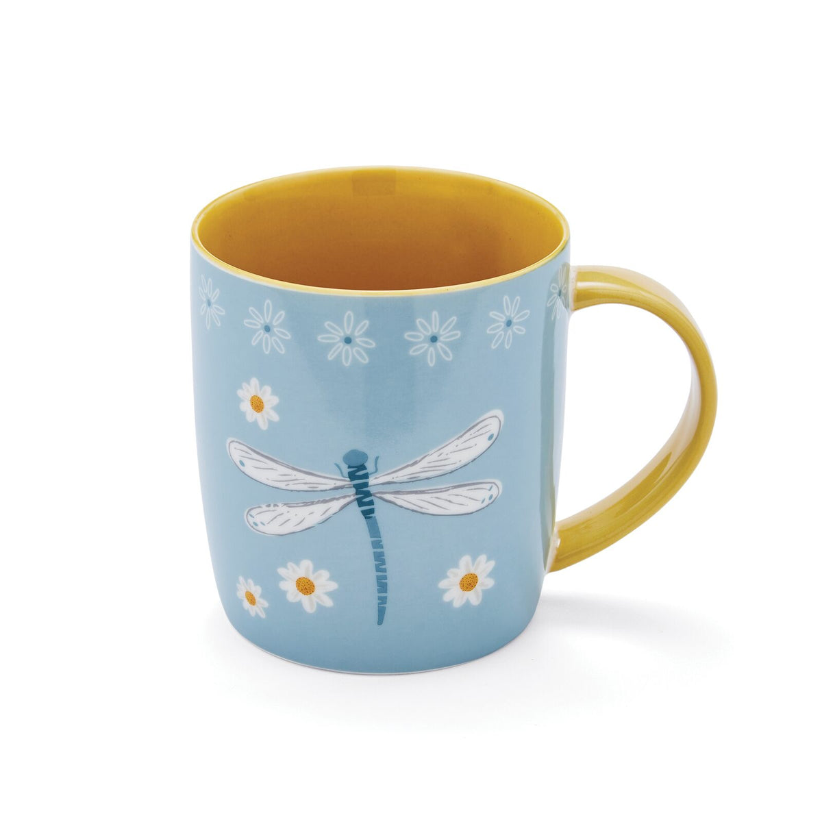 Barrel mug with dragonfly and daisy illustrations in soft blue and yellow tones, with contrasting yellow handle and interior.