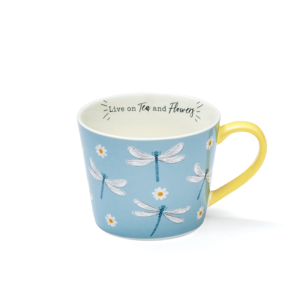 Sky-blue mug with dragonfly and daisy illustrations, yellow handle and interior, and ‘Live on tea and flowers’ message inside.