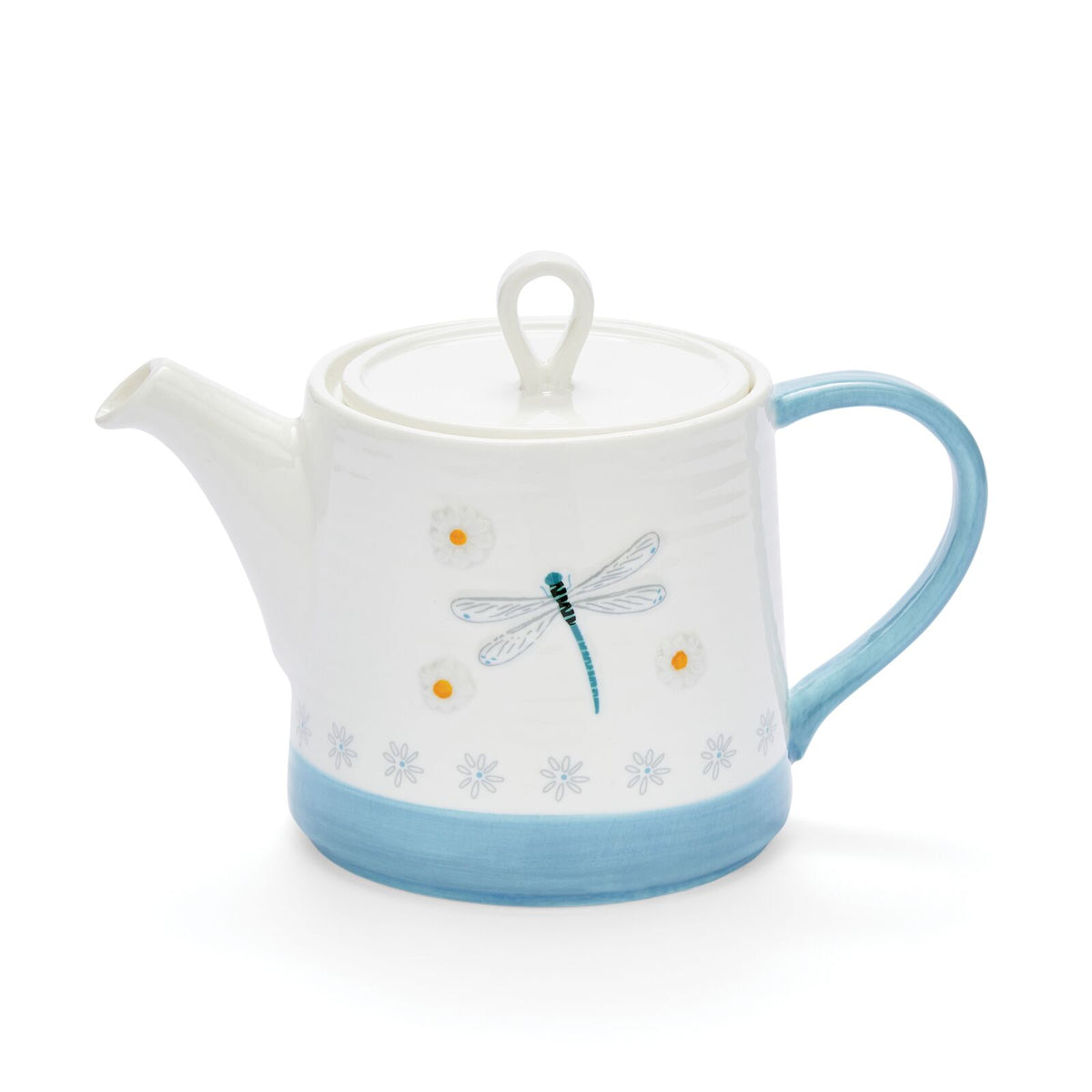 White ceramic teapot with dragonfly and floral illustrations, soft blue handle and base, and matching lid with loop handle.