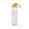 Clear glass water bottle with colourful wildflower and dragonfly illustrations, bamboo-effect screw-top lid and carry loop.