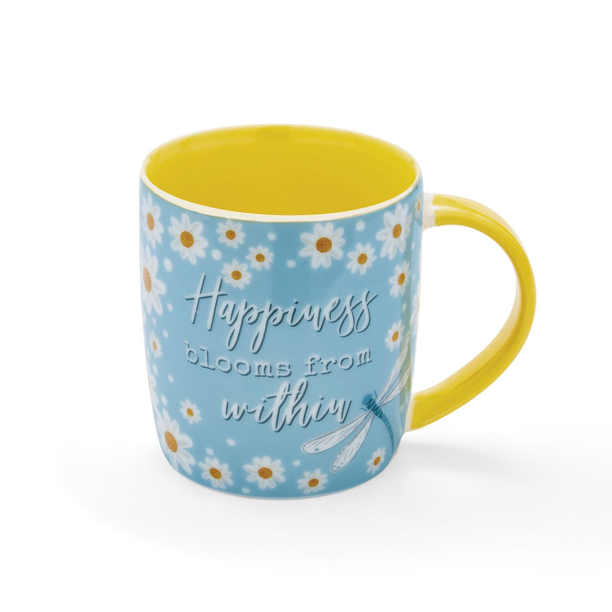 Soft blue barrel mug with daisy pattern, yellow handle and interior, and ‘Happiness blooms from within’ slogan.
