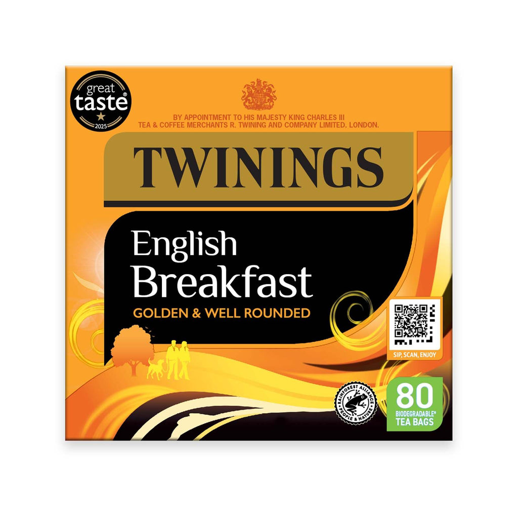 Twinings English Breakfast tea box packaging, featuring a vibrant orange and gold design with a black central panel, 80 tea bags count badge, and a QR code on a white background.