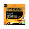 Twinings English Breakfast tea box packaging, featuring a vibrant orange and gold design with a black central panel, 80 tea bags count badge, and a QR code on a white background.