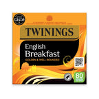 Twinings English Breakfast tea box packaging, featuring a vibrant orange and gold design with a black central panel, 80 tea bags count badge, and a QR code on a white background.