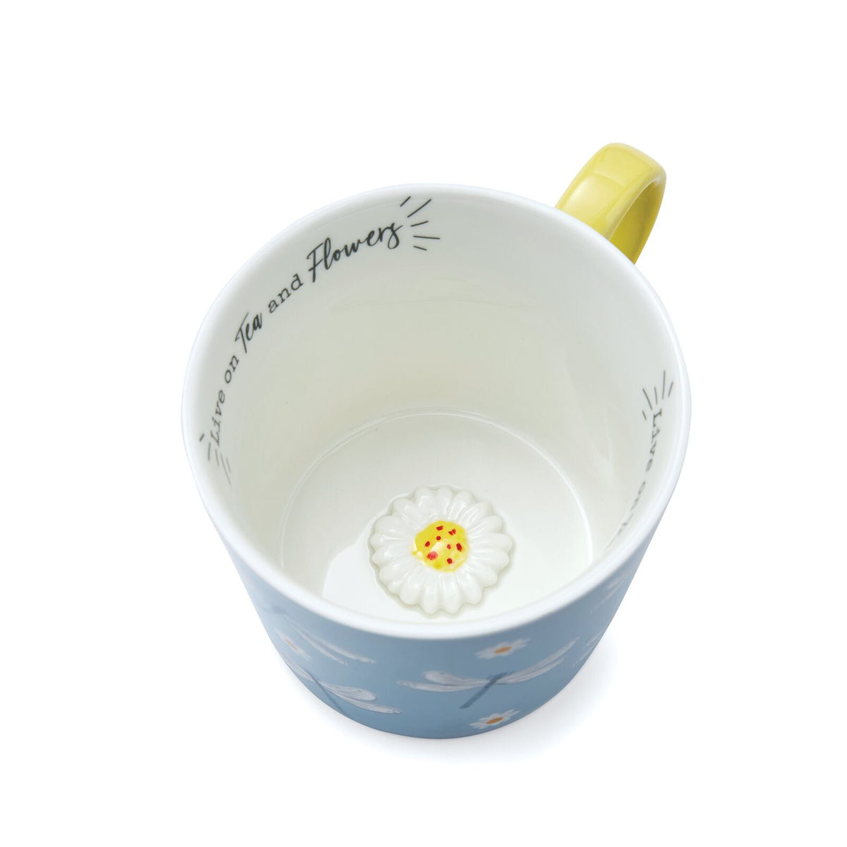 Sky-blue mug with dragonfly and daisy illustrations, yellow handle and interior, and ‘Live on tea and flowers’ message inside.