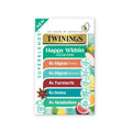 Twinings Happy Within Collection tea box featuring a colorful vertical design with labels for Digest Turmeric, Spearmint, Turmeric, Detox, and Metabolism, along with illustrations of turmeric, lemon, and fig.