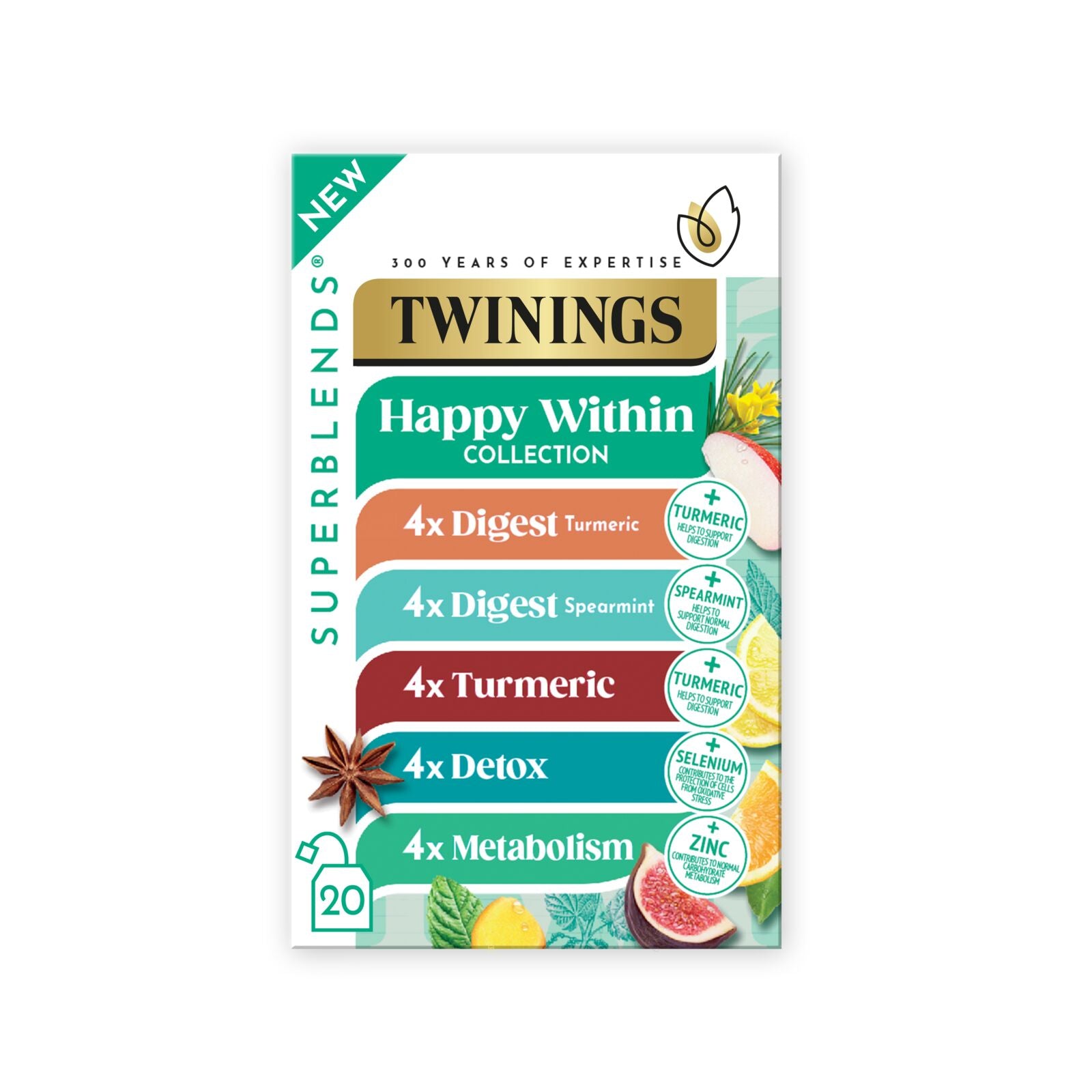Twinings Happy Within Collection tea box featuring a colorful vertical design with labels for Digest Turmeric, Spearmint, Turmeric, Detox, and Metabolism, along with illustrations of turmeric, lemon, and fig.