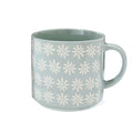Grey-blue stoneware mug with all-over embossed white daisy pattern, glazed finish