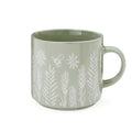 Sage-green stoneware mug with embossed white wildflower, grass and foliage pattern, glazed finish 