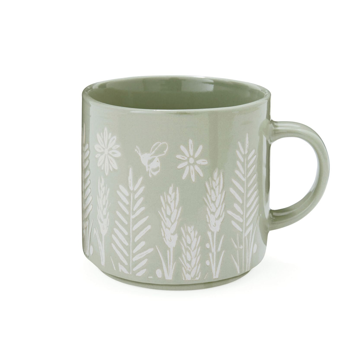 Sage-green stoneware mug with embossed white wildflower, grass and foliage pattern, glazed finish 