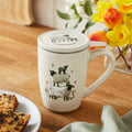 Infuser mug with 3 highland sheep llustration, stainless steel tea infuser and matching lid that doubles as a drip tray.