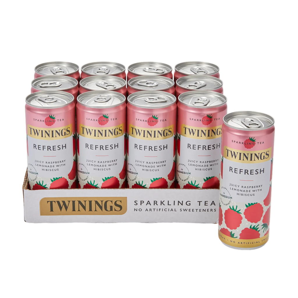 Twainings sparkling tea cans in a cardboard box on a white background