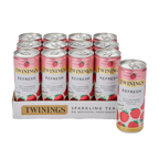 Twainings sparkling tea cans in a cardboard box on a white background