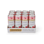 A can of Twinings Sparkling Tea Refresh with Raspberry and Lemon flavor, featuring illustrations of strawberries and the text 'no artificial sweeteners'.