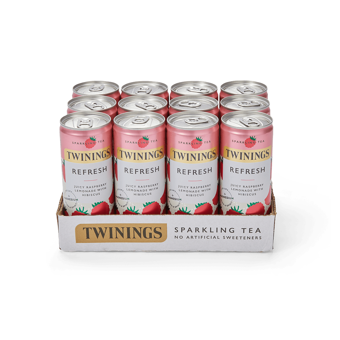 A can of Twinings Sparkling Tea Refresh with Raspberry and Lemon flavor, featuring illustrations of strawberries and the text 'no artificial sweeteners'.
