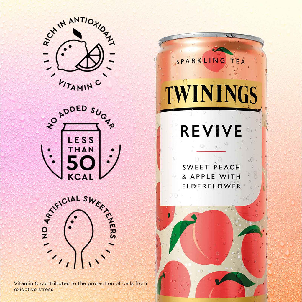 Twinings Sparkling Tea can with peach and apple design on a gradient background