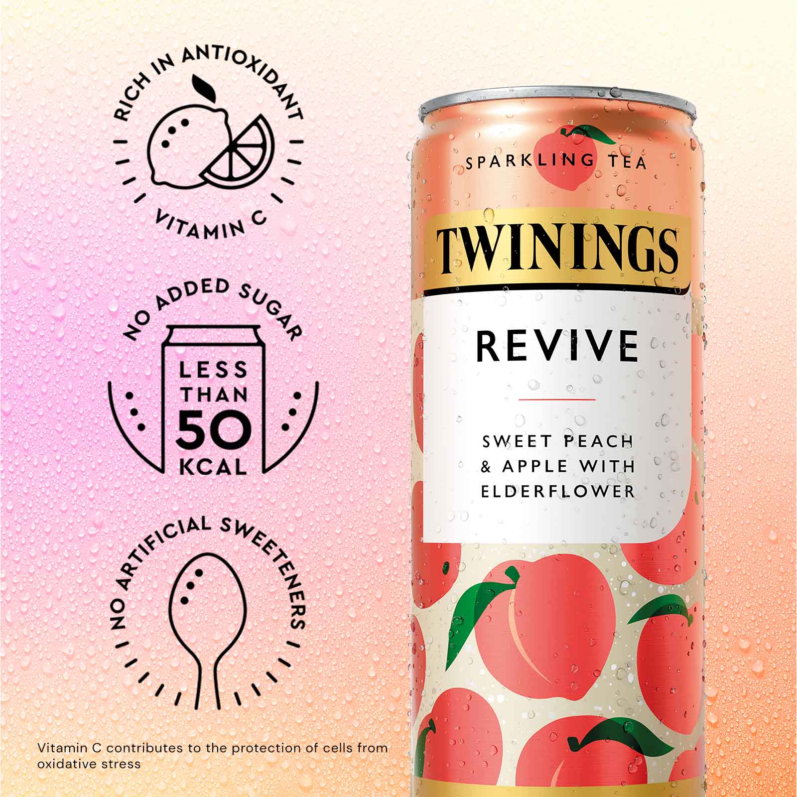 Twinings Sparkling Tea can with peach and apple design on a gradient background
