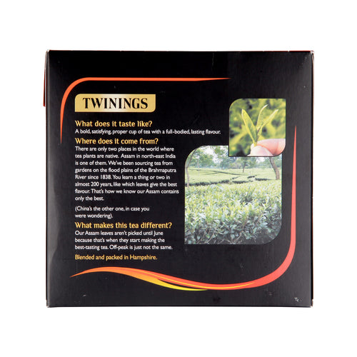 Twinings tea packaging with text and images of a tea field.