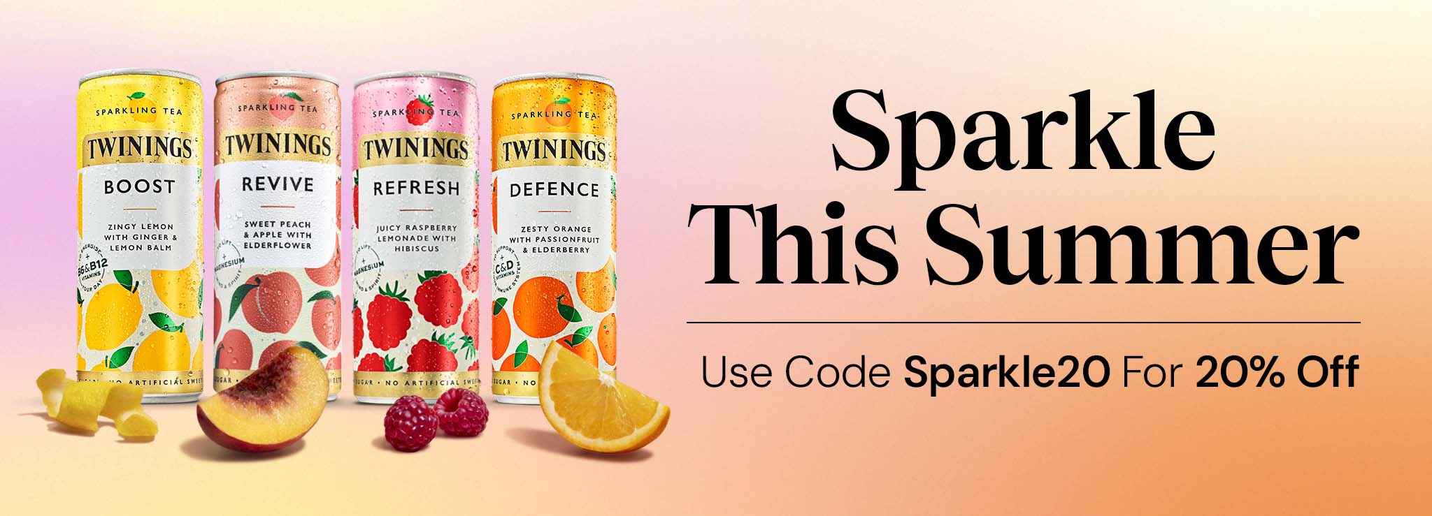 Twining's tea canisters with fruit graphics on a gradient background, featuring a promotional message.