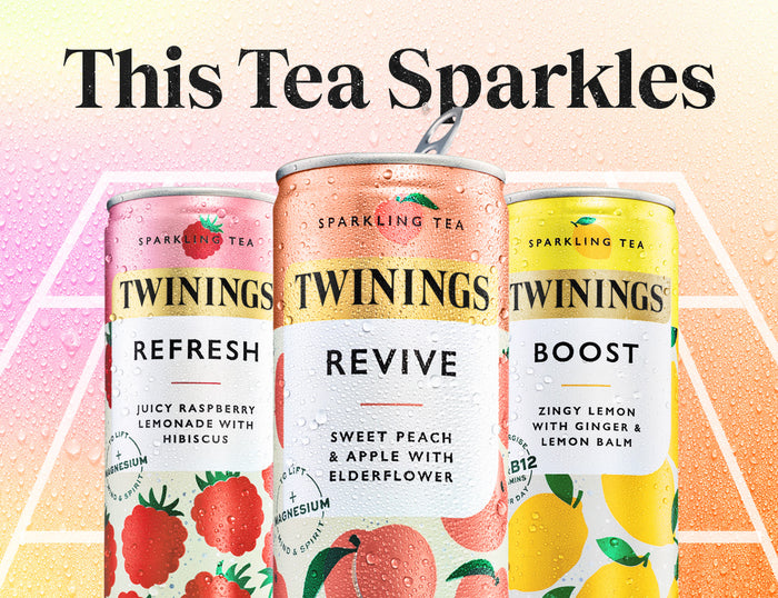 Three Twinings sparkling tea cans with colorful designs and text on a gradient background.