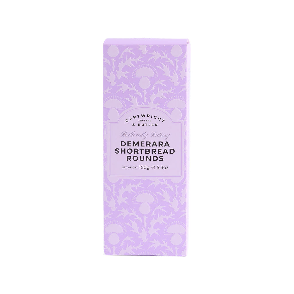 Purple packaging of Cartwright & Butler Demerara Shortbread Rounds on a white background