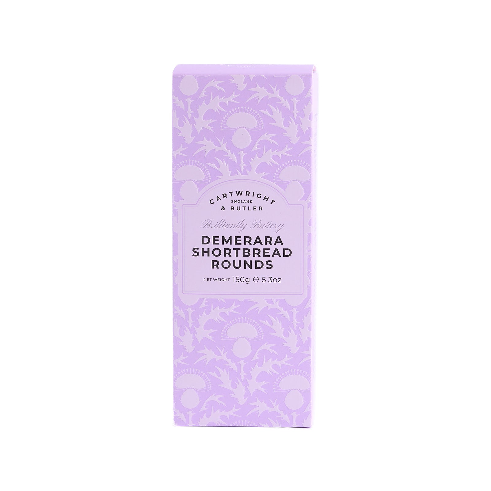 Purple packaging of Cartwright & Butler Demerara Shortbread Rounds on a white background
