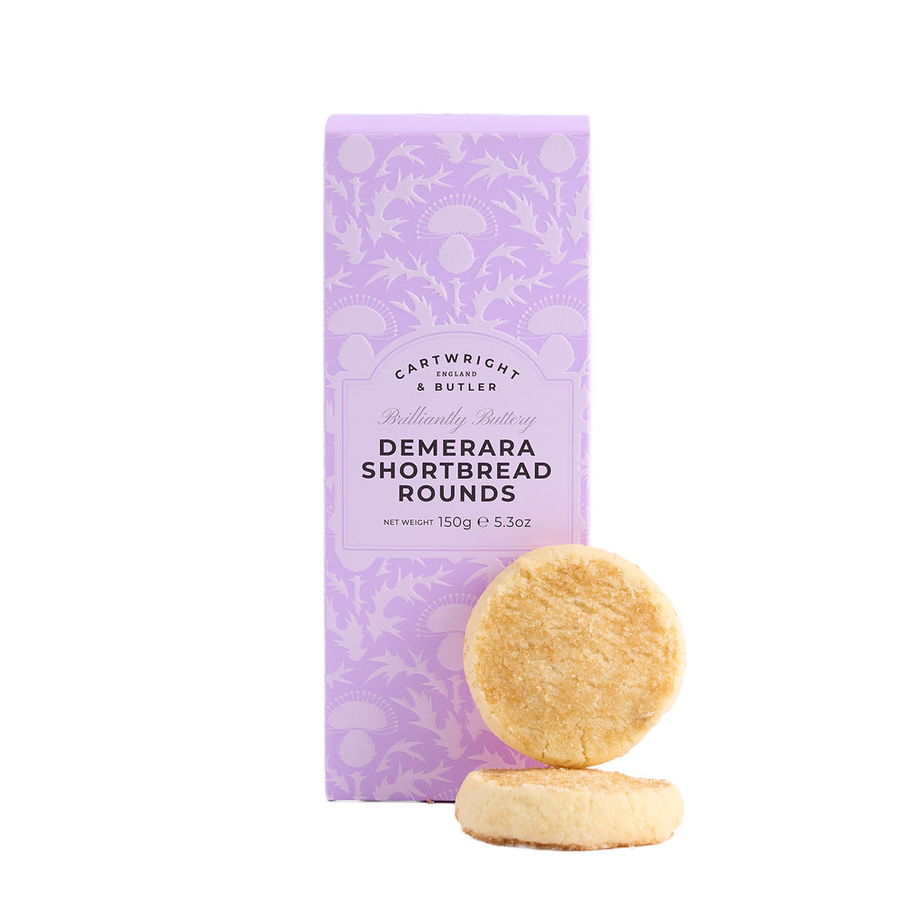 Box of Demerara Shortbread Rounds with two cookies on a white background