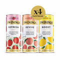 Four Twinings Refresh sparkling tea cans in assorted flavors, shown side by side on a white background with a gold circular badge reading 'x4 Each Flavour'. The cans feature colorful fruit illustrations and the Twinings brand name prominently.