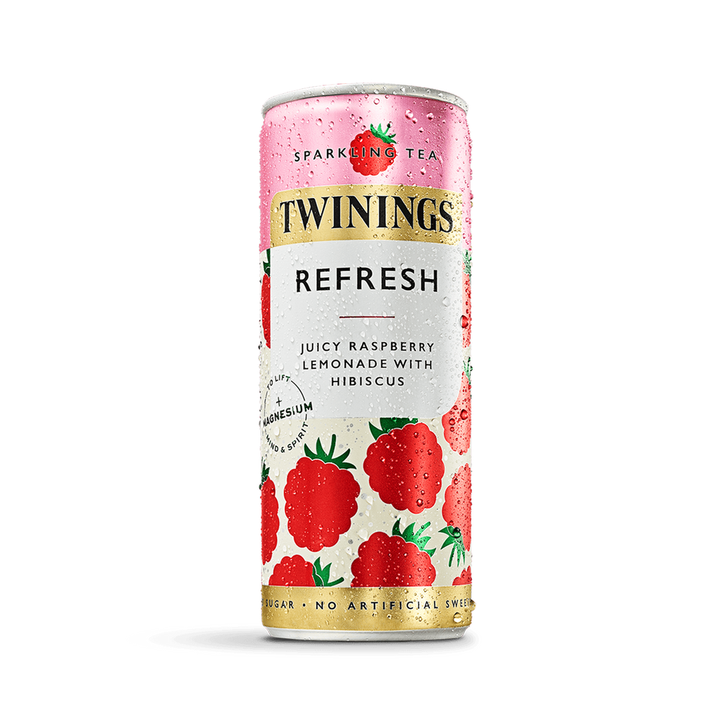 Twinings sparkling tea can with raspberry design on a white background