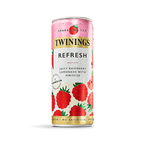 Twinings sparkling tea can with raspberry design on a white background