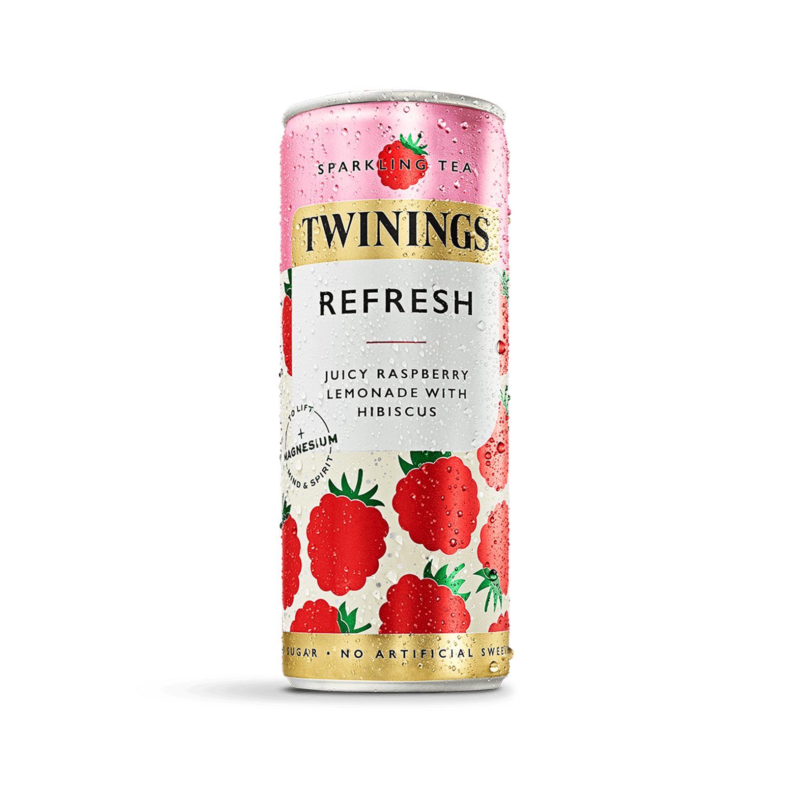 Twinings sparkling tea can with raspberry design on a white background