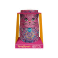 Pink cat-shaped chocolate truffle container with 'Monty Bojangles' branding on a white background