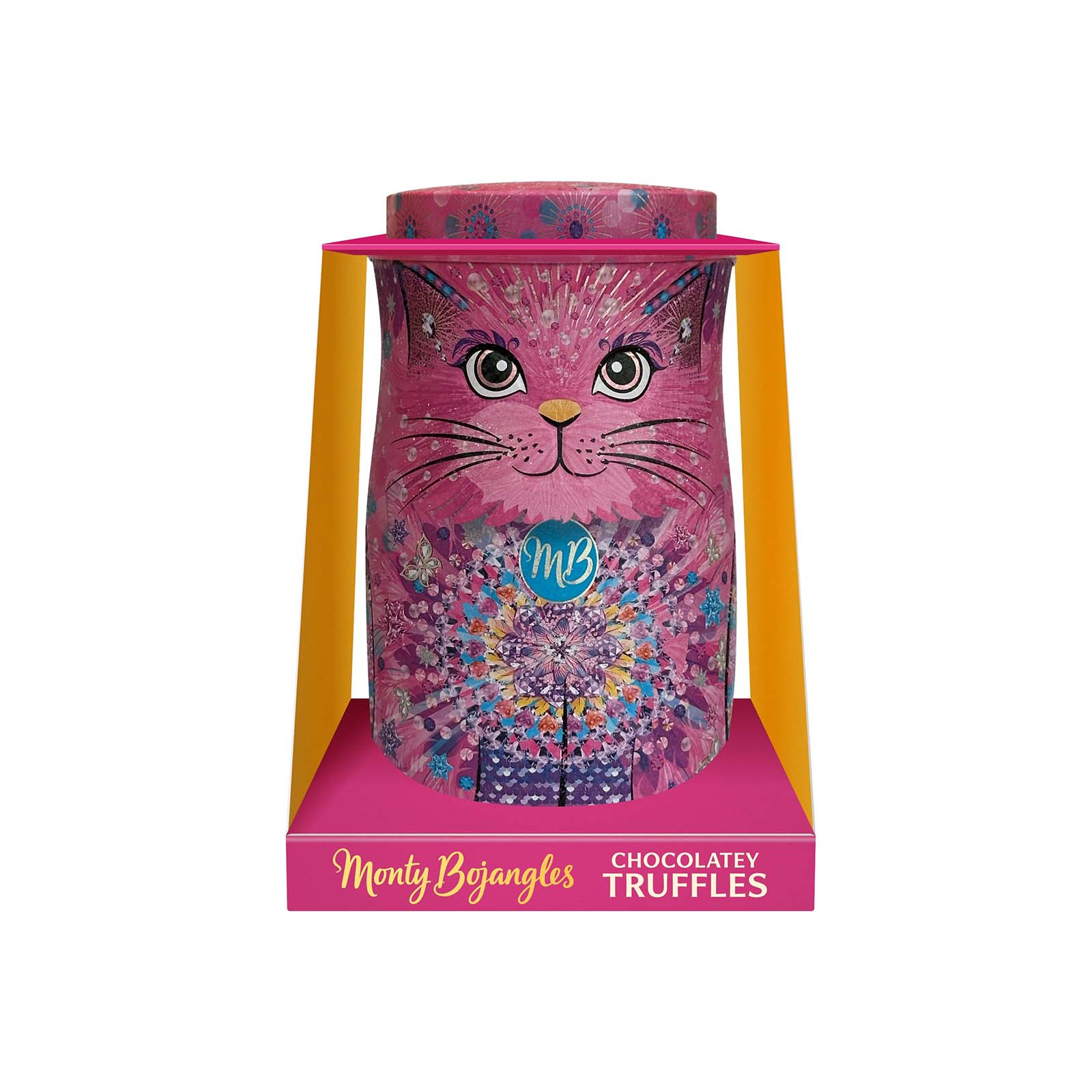 Pink cat-shaped chocolate truffle container with 'Monty Bojangles' branding on a white background